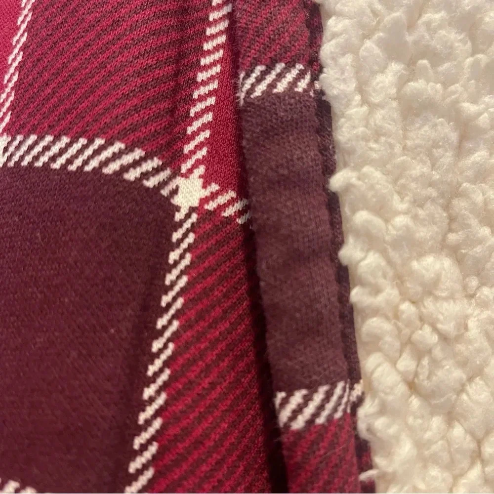 LL Bean Jacket Womens MP Red Plaid Sherpa Lined Open Pocket Collared Heavyweight